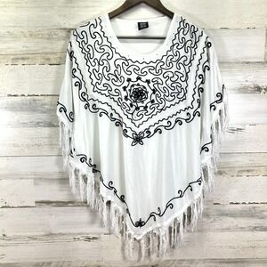 Seven Islands Womens‎ White Embroidered Floral Rhinestone Fringe Poncho Jacket